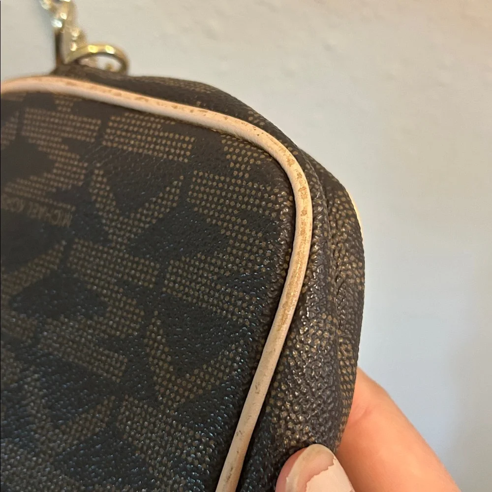Michael Kors Brown Logo Crossbody with Gold Chain and Beige Trim